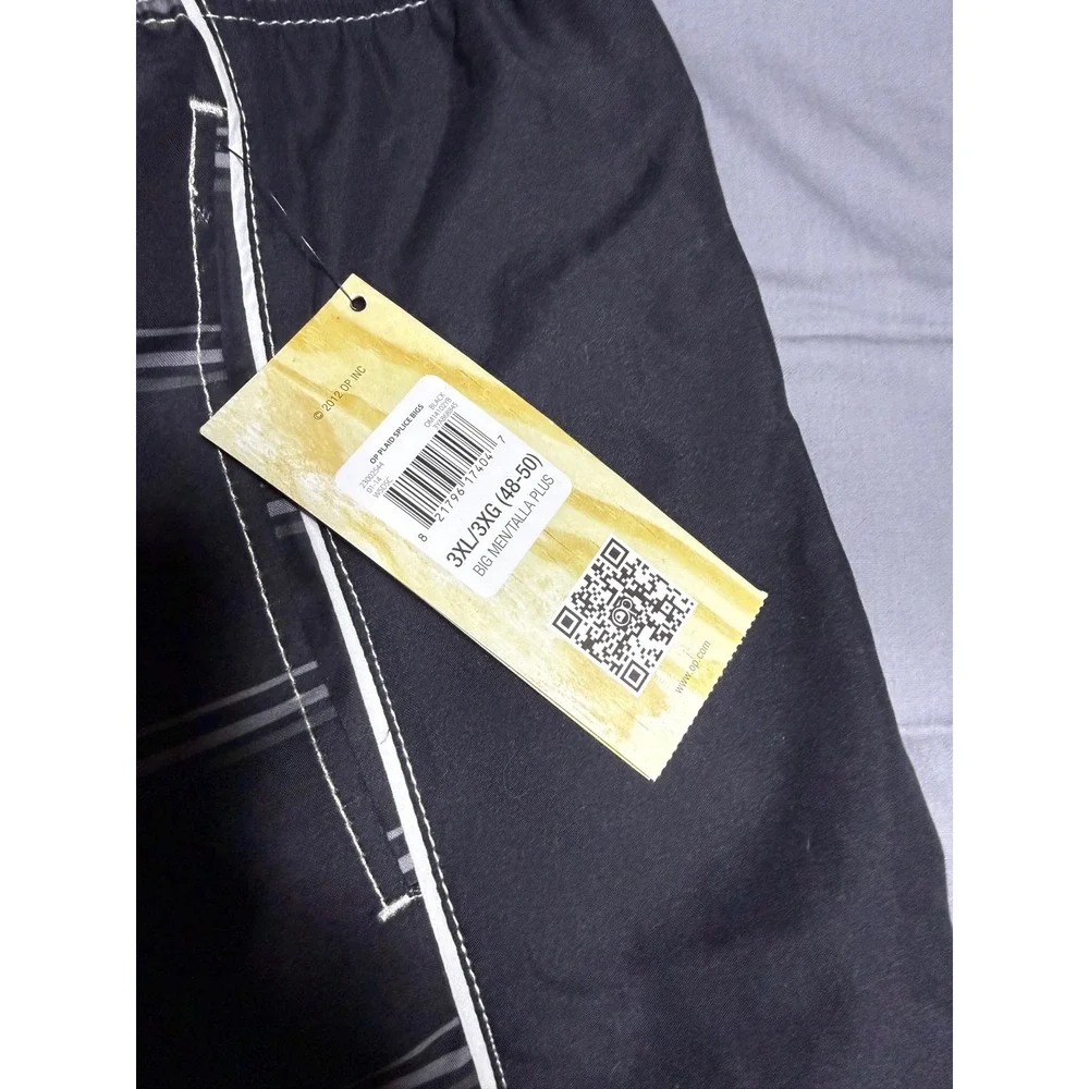 OP Board Shorts Men 3XL Black New Plaid Splice Big Swim Trunks 48-50